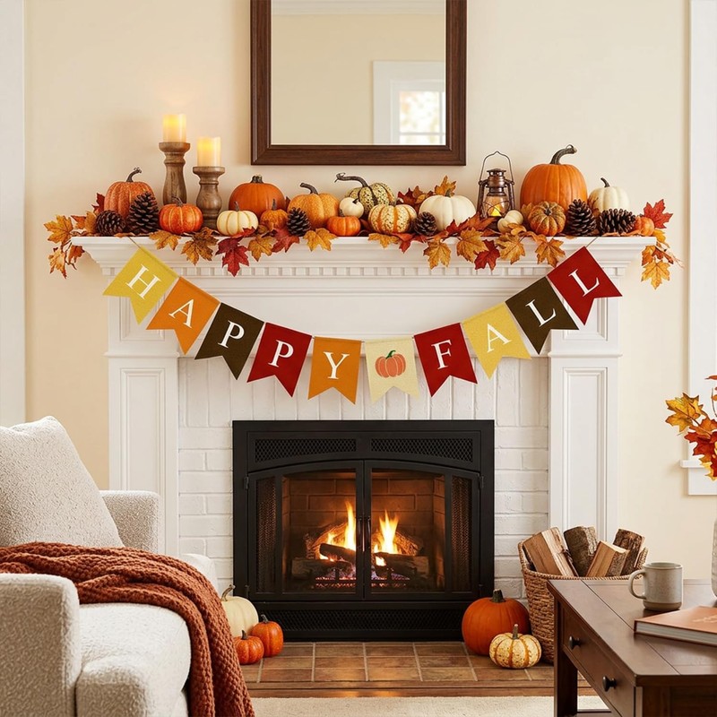 Adurself Happy Fall Burlap Banner with Pumpkin, Pre-Strung Faux Burlap