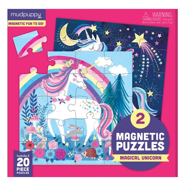 Mudpuppy Magical Unicorn Magnetic Puzzles – Ages 4-7 – Includes 2, 20-Piece Magnetic Puzzles and a Magnetized Tri-Fold Portfolio – Great for Travel, Quiet Time – Mess-Free Magnets Adhere to Portfolio