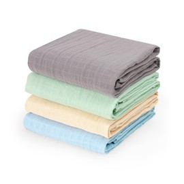 david's kids 4 Pack Baby Muslin Swaddle Blankets, 100% Cotton Swaddling Blankets Wrap for Boys Girls, Ultra Soft Breathable Receiving Blanket, New Born Essentials, Green&Grey&Blue&Beige