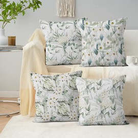 Hnmdmyi Kissenbezug Salbeigrün 40x40 4er Set, Aquarell Blumen und Blätter Pflanze Botanische Dekorative Kissenbezüge Leinen Quadratische Kissenhülle für Sofa Couch Bett Garten Outdoor Home Decor