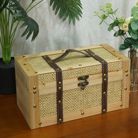 Storage box with leather handle, lockable, suitable for storage in foyer, bedroom, living room, and other places (14.09 * 7.12 * 7.28inch)