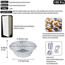 Sndperiexam 100Pcs Silver Mini Pie Tins, Round Tart Pie Foil Pans, Aluminum Foil Tart Pans,Individual Serving Pan for Baking, 2.76Inch