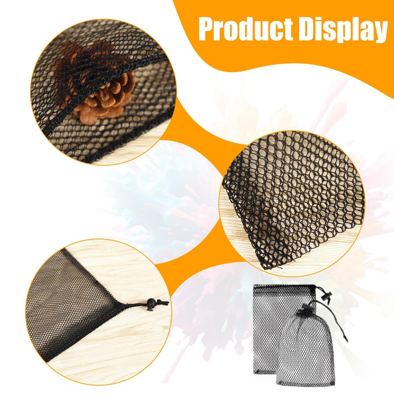10PCS Compact Black Nylon Mesh Pouches with Drawstrings – 15x20cm