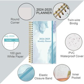2024-2025 Monthly Planner - July 2024 - December 2025, Two Pages Per Month, 18 Monthly Calendar/Planner with Tabs, Strong Twin-Wire Binding, Inner Pocket, 3.75" x 6.5", Blue Watercolor