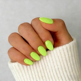 SXVME Uñas postizas cortas de gel suave, 32 piezas, 16 tamaños, verde neón transparente, ovaladas, reutilizables, con pegamento, fluorescentes natural