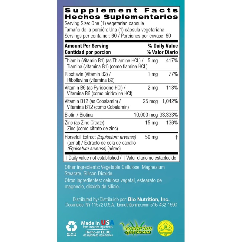 Bio Nutrition Healthy Hair Biotin Vegi-Caps, 60 Count