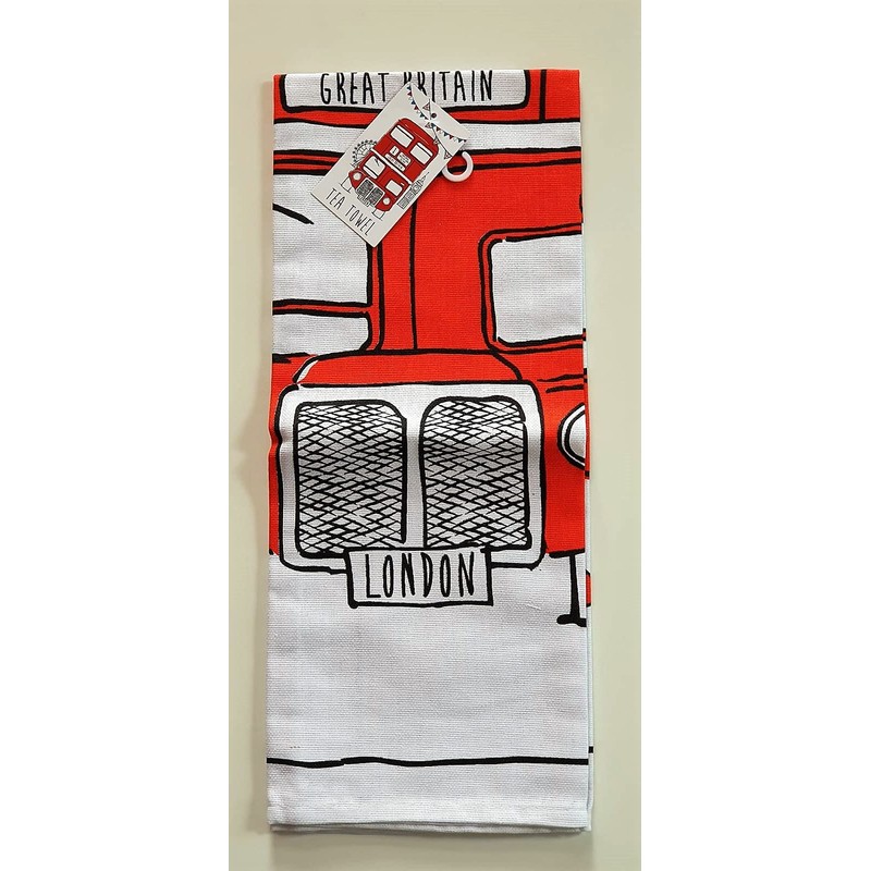 London Bus Souvenir Tea Towel Red Routemaster Cartoon Sketch White