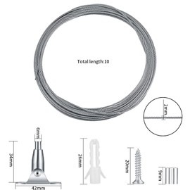 10 Metres Stainless Steel Wire Rope Coated Kit, 2 mm Steel Rope Adjustable Curtain Rope, Stainless Steel Rope Rope Suspension Lamp Suspension Wire Rope with Mounting Clamp for Hanging Light