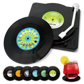 Funny Retro Vinyl Record Coasters, Creative Drink Coasters Set of 6 with Vinyl Record Player Holder for Music Lovers, Housewarming Hostess Gifts, Birthday and White Elephant Gifts Ideas