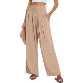 TARSE Womens Summer Linen Palazzo Pants Boho High Waisted Wide Leg Casual Long Lounge Pant Trousers with Pockets(LightCoffee,S)