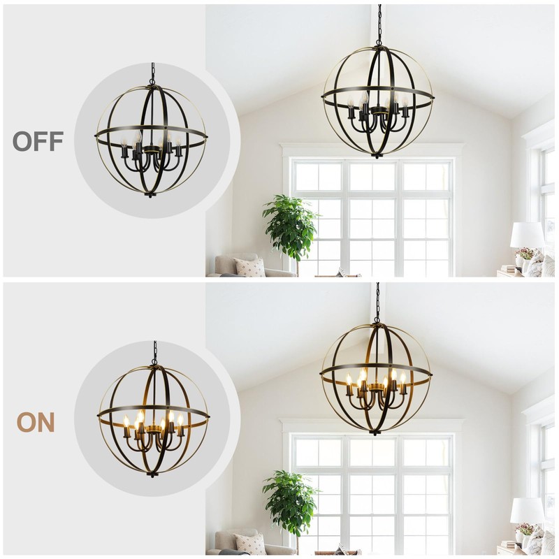 DLLT 6-Light Orb Chandelier, Black and Gold Globe Pendant Lights,