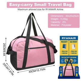 Fentar Ryanair Sports Bag, Small, 20 L Waterproof Travel Bag, Hand Luggage, 40 x 20 x 25 cm, Hand Luggage Bag, Small Travel Bag, Men's Gym Bag, Sports Bag for Weekender Women and Men, pink, gym bag