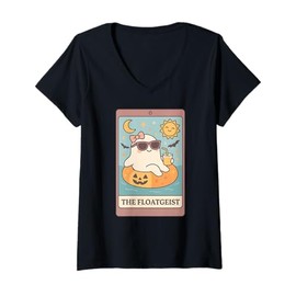 Womens Summerween The Floatgeist Summer Funny Cute Ghost Tarot Card V-Neck T-Shirt