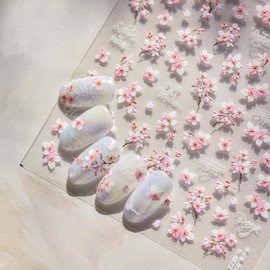 Pink Flower Nail Stickers for Nail Art 5D Embossed Nail Decals Cherry Blossoms Nails Art Stickers Spring Nails Supplies White Floral Nails Art Decoration
