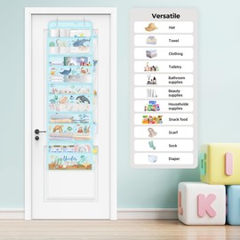 Clastyle Ocean Animals Over the Door Organizer Fish Nursery Hanging Storage Organizer for Kids Clothes Diaper Toy Closet Door Hanging Shelf Storage for Bedroom Bathroom Pantry, Turtle, 5-Tier