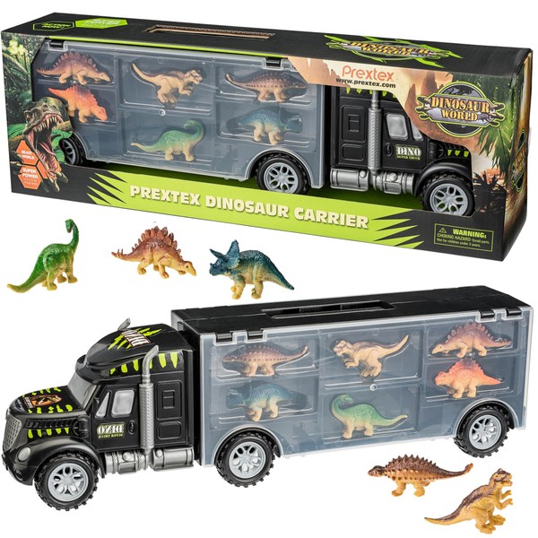 Prextex 16” Tractor Trailer Dinosaur Carrier STEM Dinosaur Toys with 6 Mini Plastic Dinosaurs
