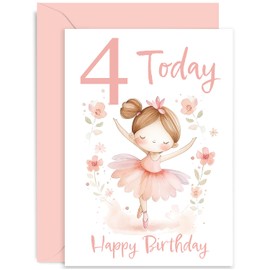4th Birthday Card for Girl - Daughter Birthday Card Age Four - Milestone Baby Greeting Cards 4 Year Old - Cute Pink Ballerina Girl Birthday Card for Kids - Ballet Forth Bday