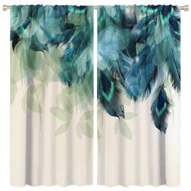 Watercolor Peacock Feather Bathroom Window Curtains,Green Watercolor Printed Theme Home Rod Pocket Window Drapes 2 Panels Set for Living Room Kitchen Bedroom Decor W52xL84in