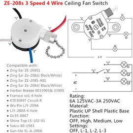 with 4 Pre-Installed Wires Ceiling Fan Switch 3 Speed 4 Wire, ZE-208s Zing Ear E89885 Fan Pull Chain Switch, Nickel Chain