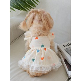 QWINEE Cute Heart Pattern Dog Dress Ruffle Trim Princess Dress Cat Vest Dress Lace Trim Summer Dress Pet Clothes for Small Medium Cats Dogs Kitten Puppy Yellow L