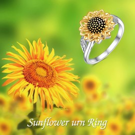 POPLYKE Sunflower Urn Rings for Ashes for Women Gold Plated Sterling Silver Sunflower Cremation Jewelry for Ashes 8#
