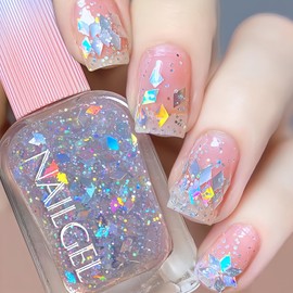 KAHSOSE Clear Glitter Nail Polish, Chunky & Fine Holographic Glitter Top Coat, Iridescent Confetti Nail Polish Quick Dry, For DIY Nail Art and Holiday Party, Non Toxic