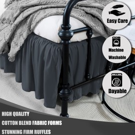 Falda de cama negra de tamaño matrimonial con volantes con esquinas divididas, falda de cama completa de 16 pulgadas de caída, falda de cama de tamaño matrimonial negra para falda de cama con volantes