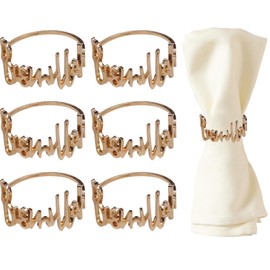 Napkin Rings, 6 Piece Napkin Rings Set, Metal Napkin Rings with Letters, Napkin Rings for Eid Mubarak, Banquet, Party (KC Gold, 4 cm)