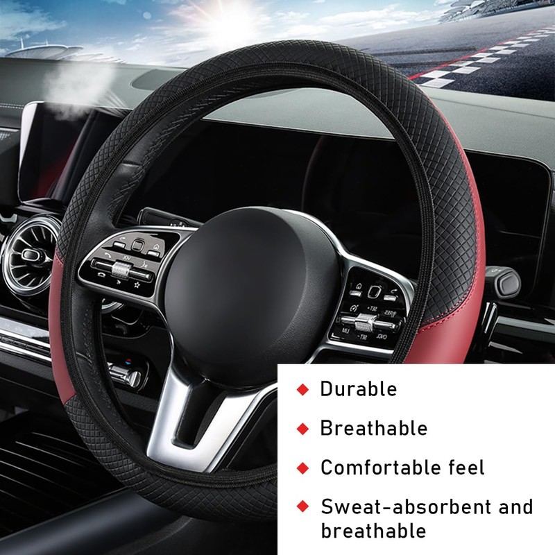 povtii Car Steering Wheel Cover, 15 Inch Leather Breathable Auto
