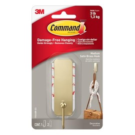 Command - Gancho de pared de latón satinado mediano, 1 gancho y 1 tira de comando, ganchos de pared colgantes sin daños con tiras adhesivas, ganchos para colgar para colgar el hogar, soporta hasta 3