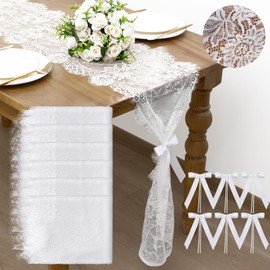 Rtteri 6 Set 14 x 120 Inch White Lace Table Runner with Long Tie Bow Flower Vintage Boho Lace Embroidered Table Runner for Wedding Party Bridal Shower Rustic Decor
