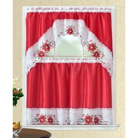 CityLux Linen 3pc Christmas Holiday Embroidered Kitchen Curtain Set (Poinsettia)