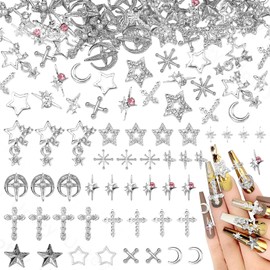 Uotey 70 Pcs Silver Star Nail Charms, Multi Styles Star Cross Nail Charm and Gems Dangle Stars Nails Charms, Silver Stars Moon Alloy Charm for Acrylic Nails Art DIY Accessories
