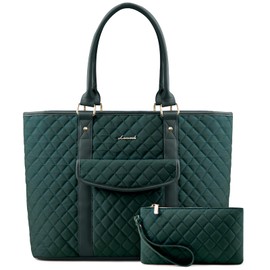LOVEVOOK Laptop Bag for Women with Cup Holder，Waterproof Work Tote Fits for 15.6 Inch Computer,Quilted Laptop Tote Bag Features a Luggage Sleeve for Easy Carrying.Professional Laptop Purse,Dark Green