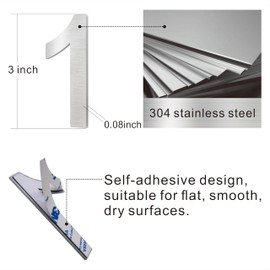 XYL HC 3-inch (Approximately 7.6 cm) Stainless Steel House Numbers, Mailbox Numbers, Self-adhesive Metal Address Numbers, Suitable For Number Signs For Hotels, Apartments, And Courtyards (Silver 1)