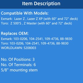 Ignition Switch Compatible with Exmark Lazer Z, Lazer Z XP & Toro Z 500, Z Master with 60" and 72" Deck, 3 Positions, 6 Terminals, Replaces 103-0206, 104-2541, 109-4736, 88-9830, 5208003, 430-334