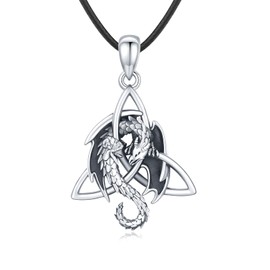 Dragon Necklace for Men 925 Sterling Silver Dragon Celtic Necklace Dragon Pendant Necklace Jewellery Fathers Day Gift for Men's（Black rope 18 inches + 2 inches） (A)
