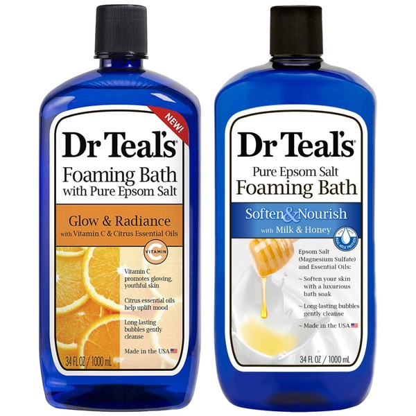 Dr Teal's Foaming Bath Variety Gift Set (2 Pack, 34oz Ea) - Soften & Nourish Milk & Honey, Glow & Radiance Vitamin C & Citrus - Essential Oils Blended with Pure Epsom Salt Ease Aches & Relieves Stress