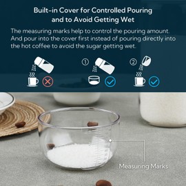 KITCHENDAO Glass Sugar Dispenser with Side Pour Spout, Built-in Lid to Slow Down Dampness with Measuring Marks, Elegant Borosilicate Glass Sugar Shaker for Coffee Bar, BPA Free,12oz (White)