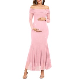 CYCLAMEN Sparkly Maternity Dress for Baby Shower Off The Shoulder Long Sleeve Mermaid Pregnancy Gown with Flowy Tail Hem, Light Pink, L