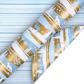 LeZakaa Reversible Christmas Wrapping Paper - Jumbo Roll - Snowy Woodland Scenes & Blue Stripes - 24 inches x 100 Feet (200 sq.ft.)