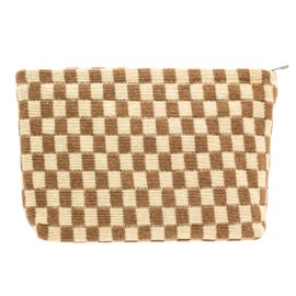 PAZIMIIK Knitted Checkered Makeup Bag Large Zipper Make Up Accessory Pouch for Purse Cosmetic Brush Bag for Travel Essential,Coffee