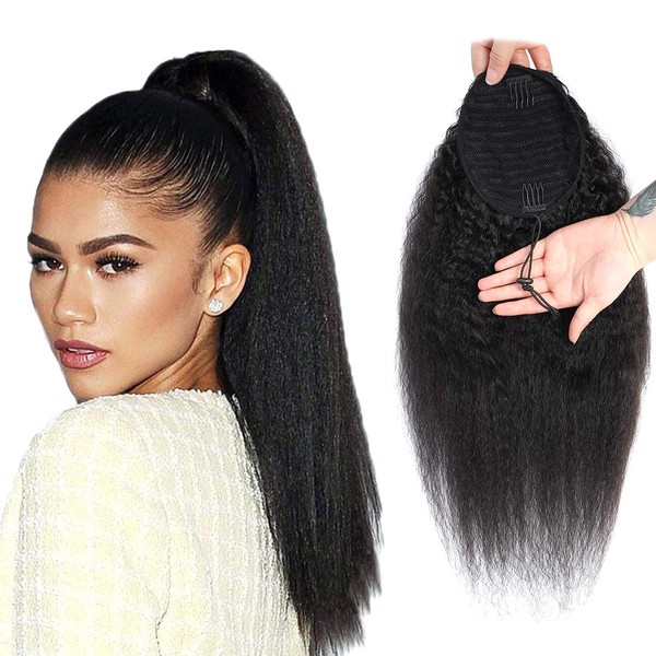 R RACILY HAIR Short Human Hair Kinky Straight Ponytail 1 Piece with Wrap Drawstring, Full Yaki Natrual Black Clip in Pony Tail Afro Hair Pieces for Women 110g/set (10")