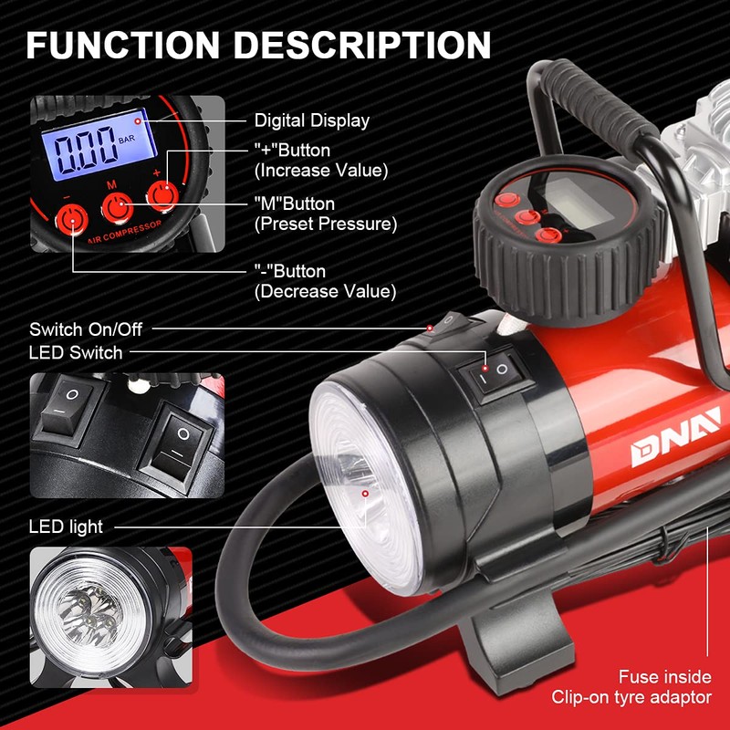 DNA Motoring 12 V 125 PSI LED Flash Light Air