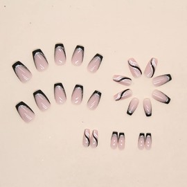 Pack of 24 Coffin Nails for Sticking Long, White and Black Glitter French Artificial Nails, Ballerina Artificial Nails, Press on Nails, Acrylic Fingernails, Fake Nails, Short for Women