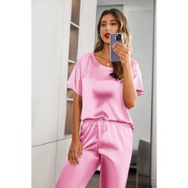 Ekouaer Womens Silk Satin Pajamas Set Two Piece PJ Sets Sleepwear Loungewear Short Sleeve PJ Sets Hot Pink M