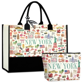 CHQIUCR Mother's Day Gifts for Women - New York Souvenirs Canvas Weekender Bag, Reusable Beach & & Makeup Bag Set, Gift for Mom, Sister, Friends, Brides (NY Themed)