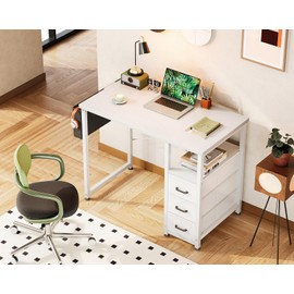AODK 32-Inch Small Desk with Fabric Drawers, Kids Girls Teen Study Writing Desk for Bedroom, Home Office Computer Desk with Storage Shelf & Bag for Small Space, White