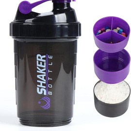 Protein Shaker Bottle,Sports Water Bottle,Leak Proof Shake Bottle For Protein Mixer- Non Slip 3 Layer Twist Off 3oz Cups with Pill Tray - Protein Powder 16 oz Shake Cup with Storage - Color: Purple