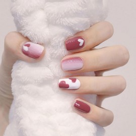 Heart Press on Nails Short Square Fake Nails Cute Valentine's Acrylic Glue on Nails with Heart Designs Glossy Reusable Pink White Gradient False Nails for Women Girls Nail Art Decoration 24Pcs